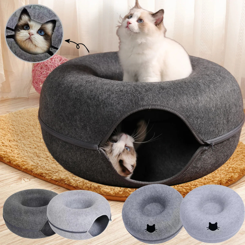 Felt Donut Cat Bed | Tunnel, Hideaway & Play in One