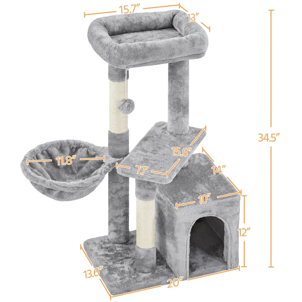 34.5" H Cat Tree Tower with Condo and Perches, Light Gray